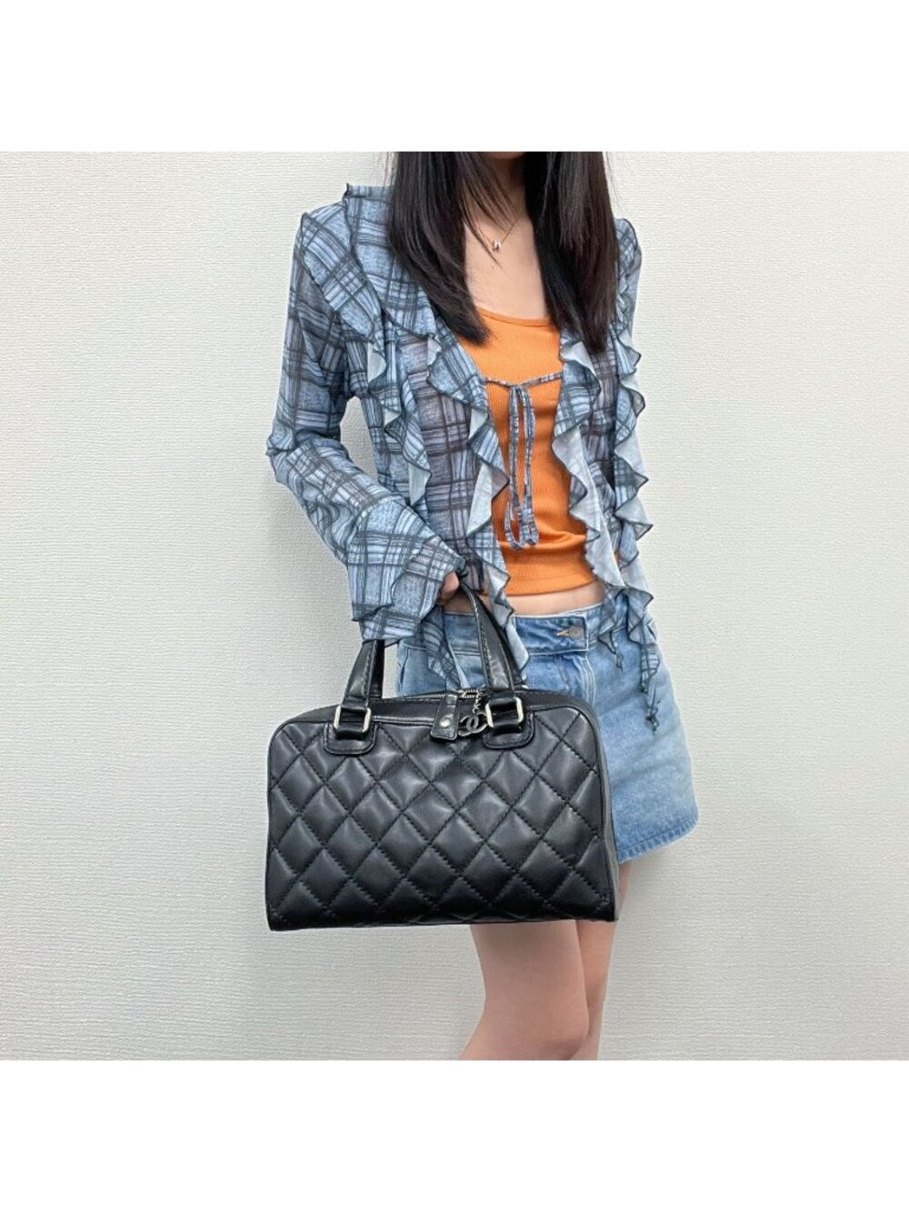 Chanel CC Logo Quilted Boston Handbag Leather Black Silver Vintage